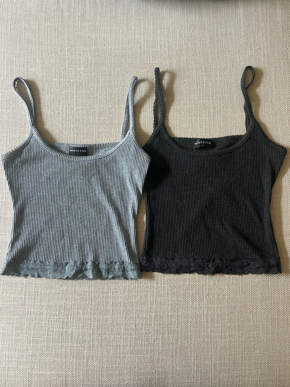 White Fox Ribbed Lace-Trim Tank Top — Black and Light Gray